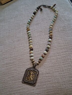 Beaded Multi-Color Gemstone Necklace with Antique Gold Pendant